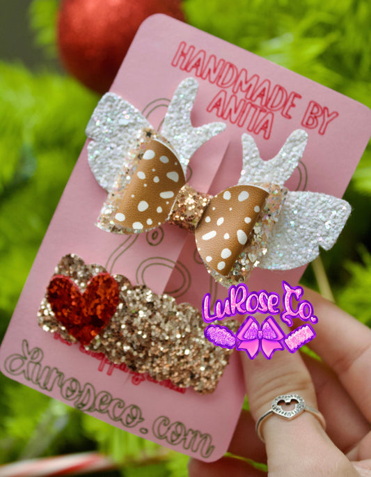 Reindeer mini faux leather bow / snap clip set