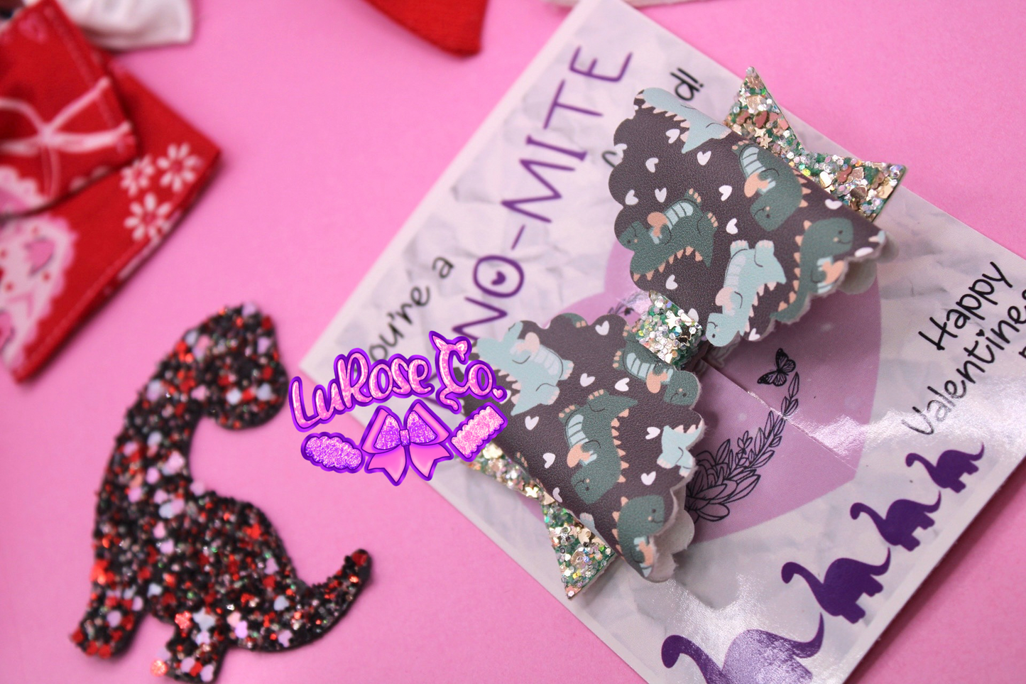 Dino valentines ck scalloped faux leather bow on clip