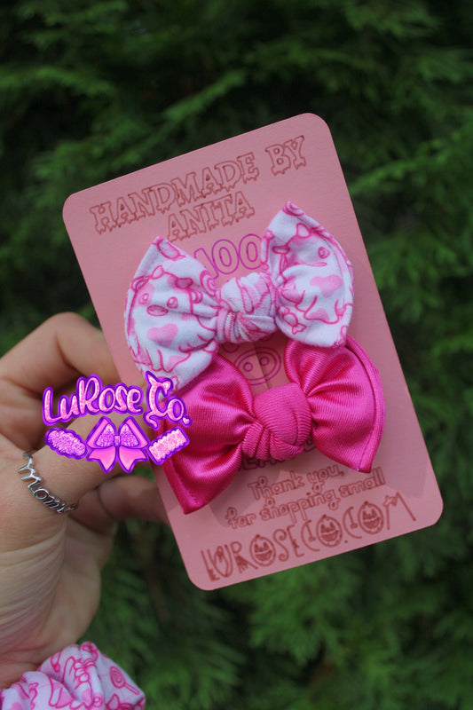 Pink Halloween cows/ pink satin knotted bow set on clip