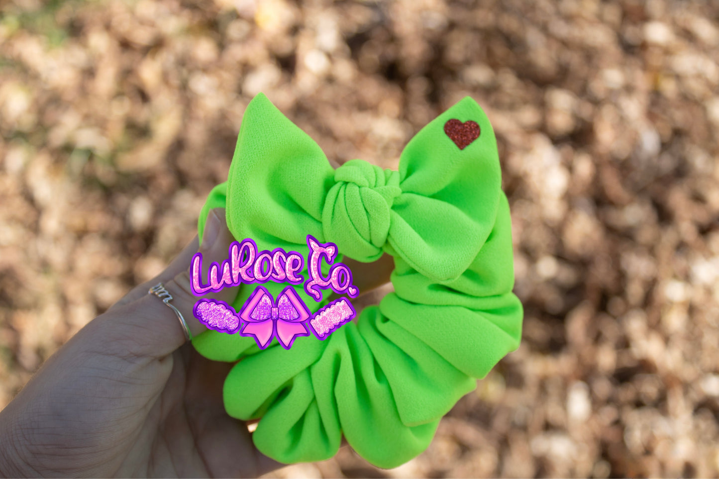 Green scrunchie with mini red heart