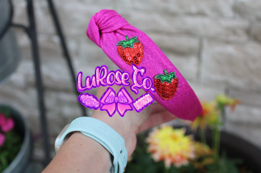 Knotted holo headband with sequin strawberries