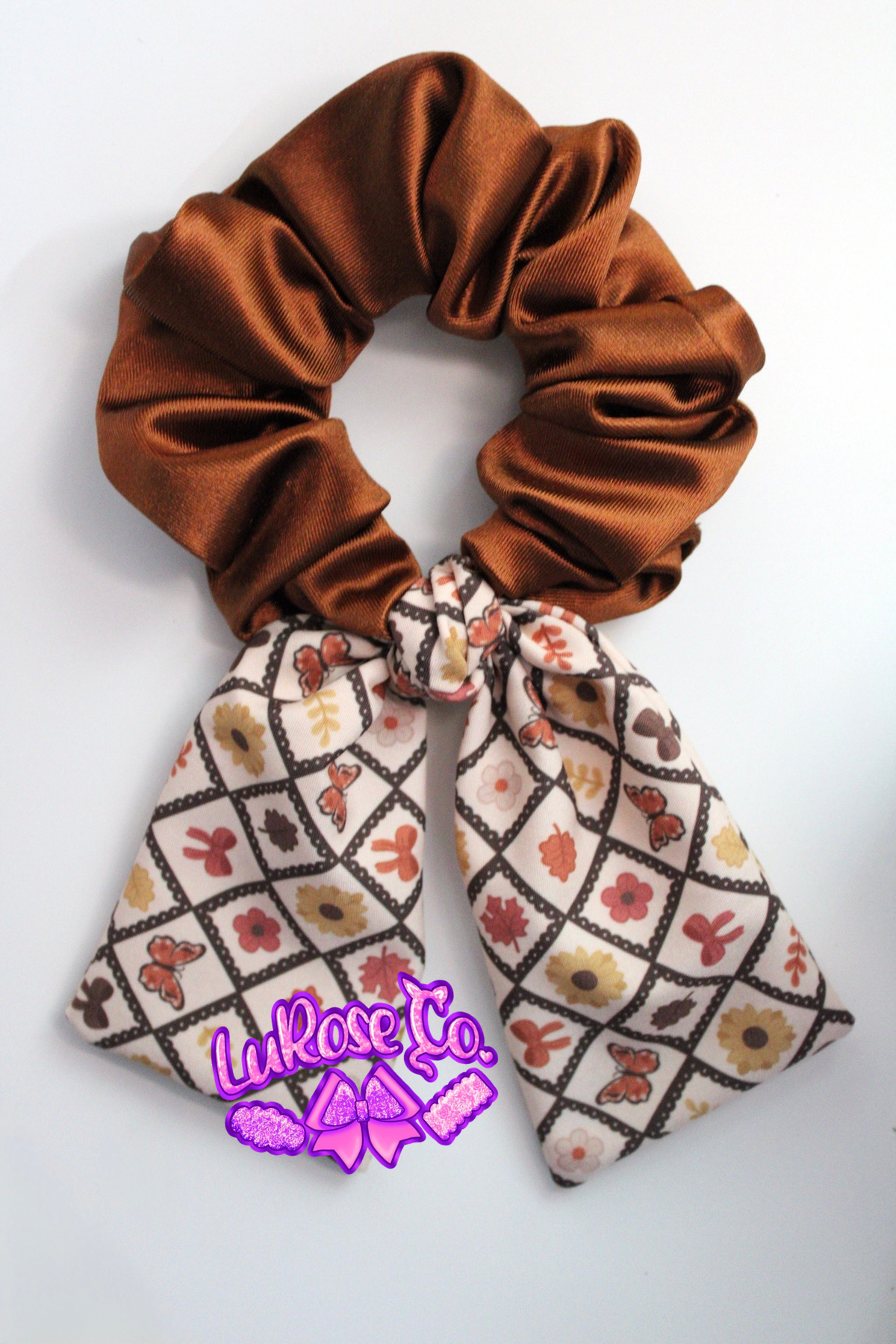 brown satin // fall print short tie scrunchie