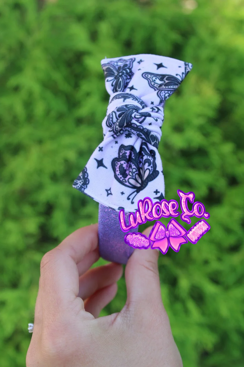 purple holo headband with spooky butterflies knotted headband