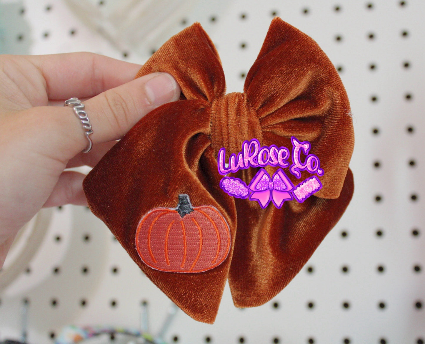 Rust velvet hand-tied bow with pumpkin patch