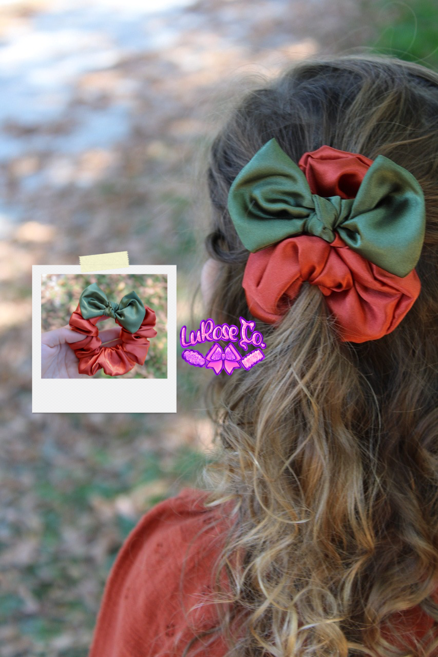 Rust orange// olive green satin two toned bow scrunchie