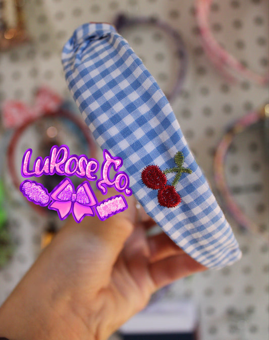 blue & white gingham // strawberry embroidered knotted headband