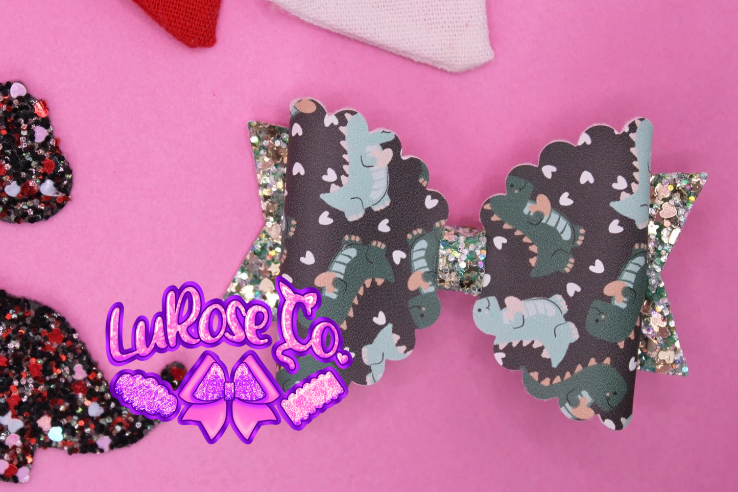 Dino valentines ck scalloped faux leather bow on clip