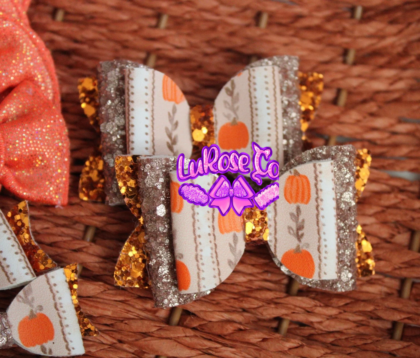 Pumpkin glitter double stack faux leather bow set of 2 bows (2.5in)