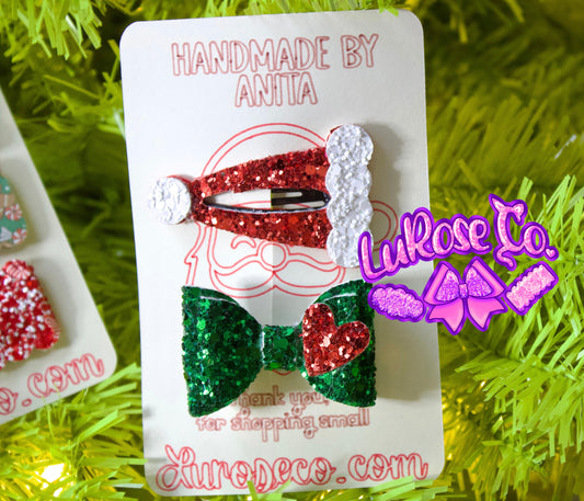 Santa hat snap clip // inspired mini faux leather bow set