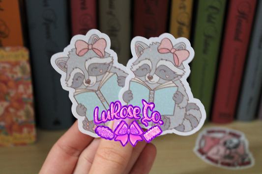 Raccoon book sticker 2.5in