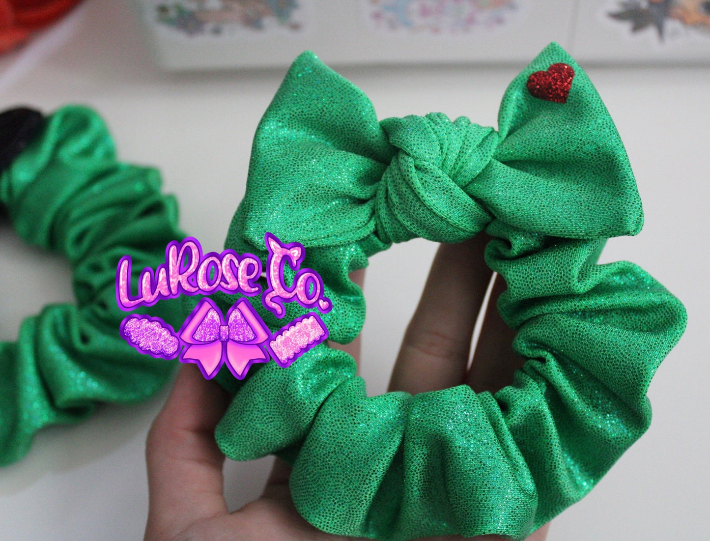 green holo heart inspired bow scrunchie