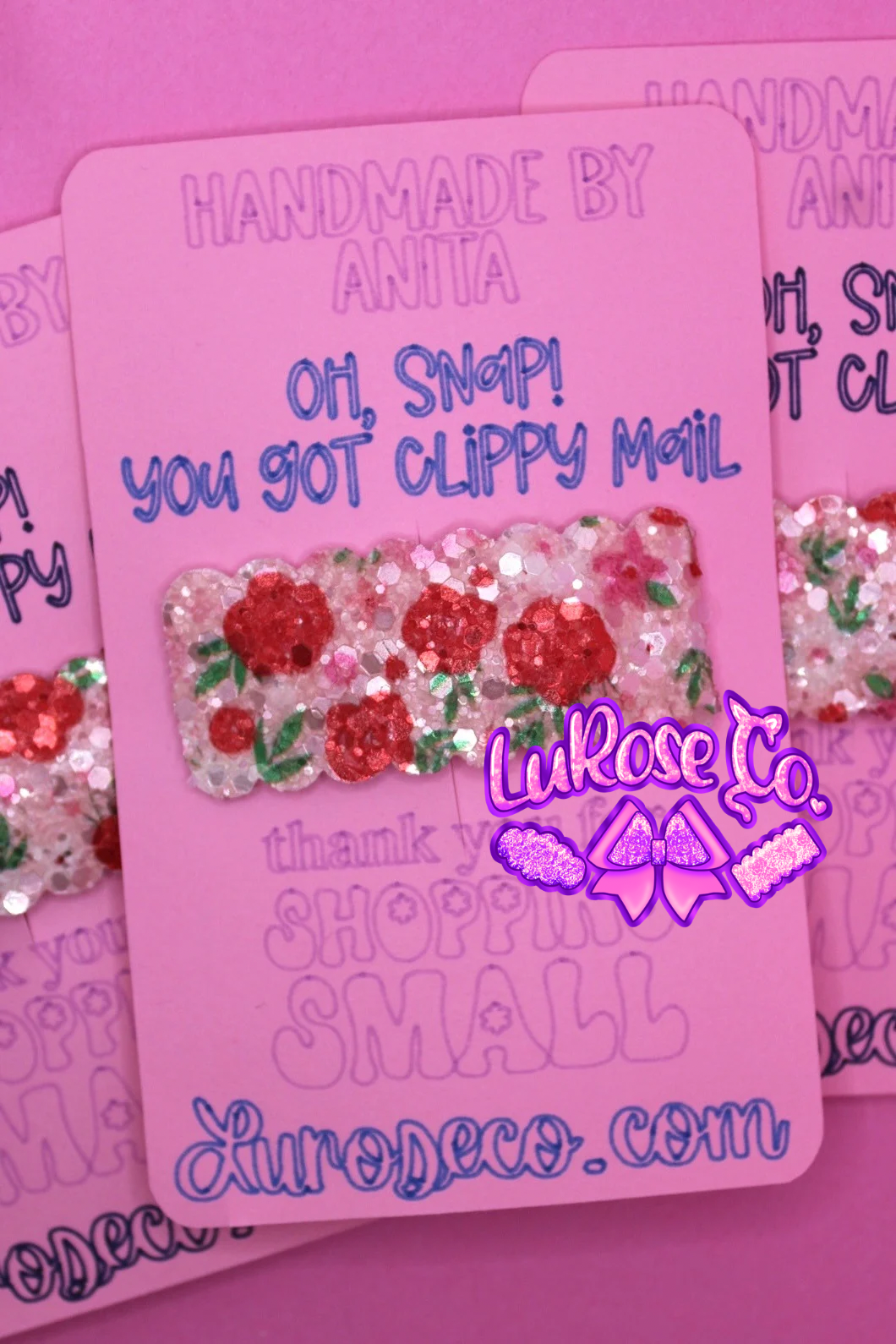 glitter roses 2in snap clip