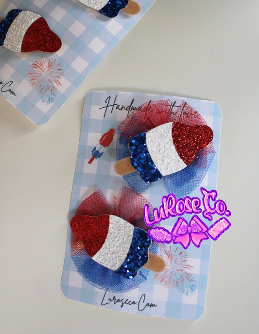 bomp pops 2in red & blue tulle piggy bow set on clips